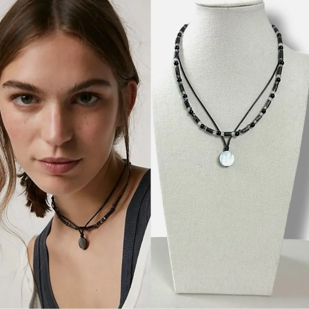 Free People Black Double-Strand Beaded Choker Necklace with Corded Pendant NWT - Picture 1 of 3